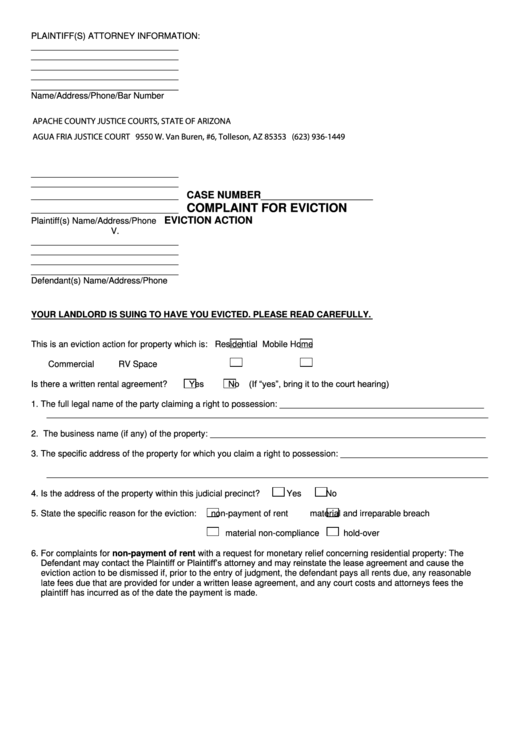 Fillable Complaint For Eviction Printable pdf