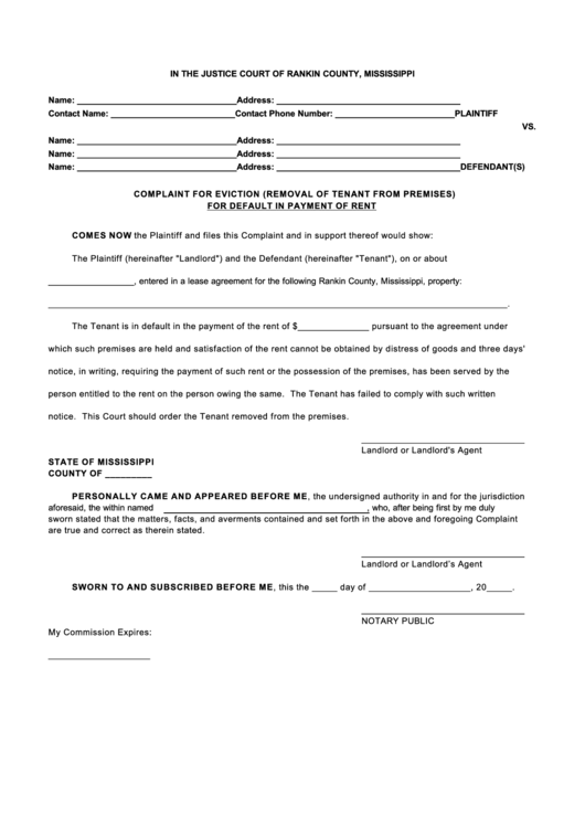 Complaint Form For Eviction - Removal Of Tenant From Premises For Default In Payment Of Rent Printable pdf