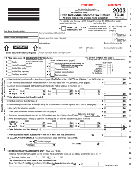 Fillable Form Tc-40 - Utah Individual Income Tax Return - 2003 Printable pdf