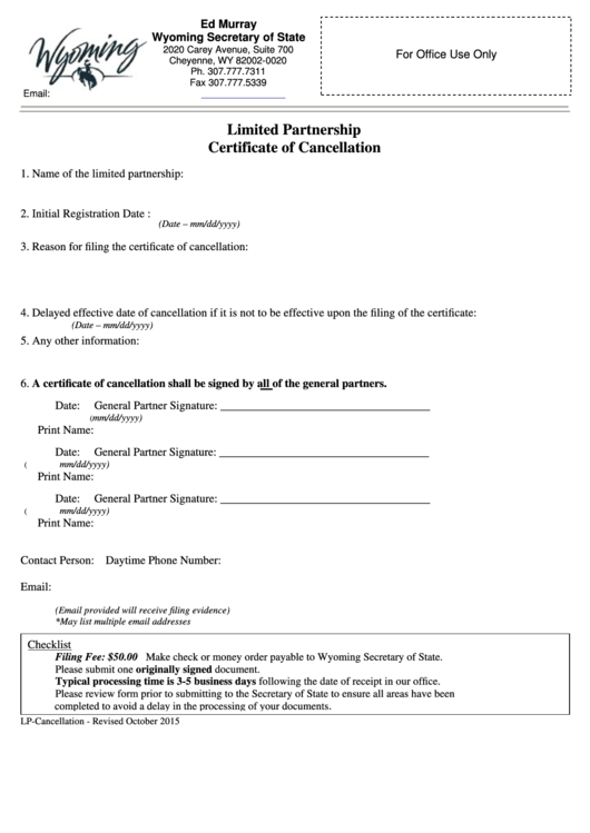Fillable Limited Partnership Certificate Of Cancellation - Wyoming Secretary Of State Printable pdf