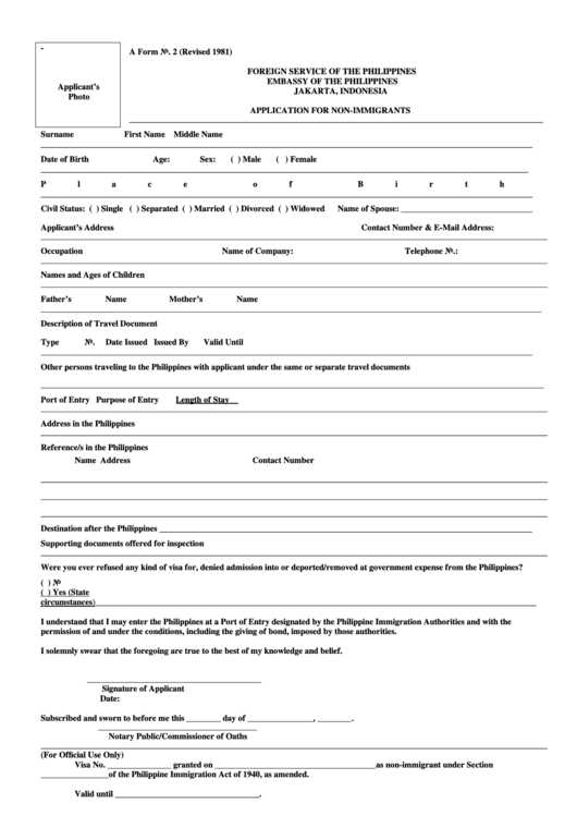 Application For Non-Immigrants Printable pdf