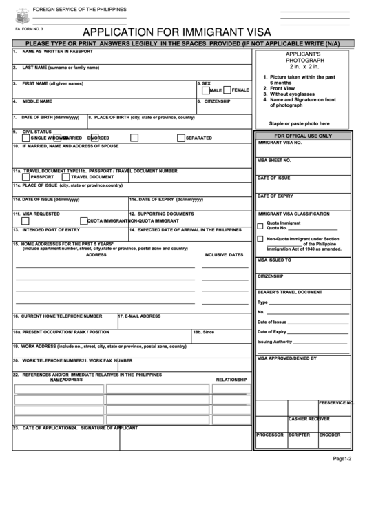 Fillable Immigrant Visa Application Form (Philippines) Printable pdf