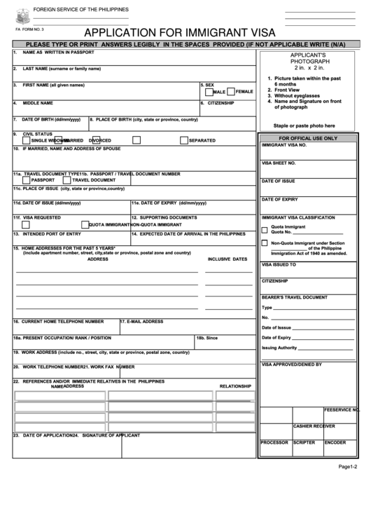 Fillable Immigrant Visa Application Form Philippines Printable Pdf Download