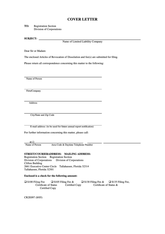 Fillable Cover Letter Template - Registration Section Division Of Corporations Printable pdf