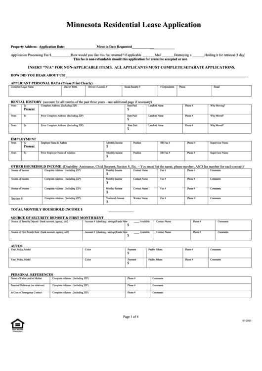 Fillable Minnesota Residential Lease Application Printable pdf