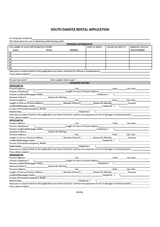 Fillable South Dakota Rental Application Printable pdf