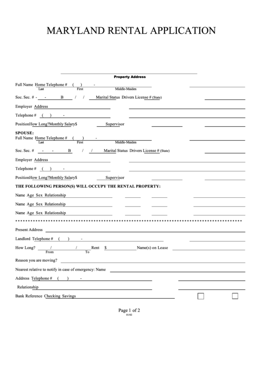 Fillable Maryland Rental Application Form Printable pdf