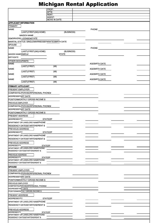 Fillable Michigan Rental Application Printable pdf