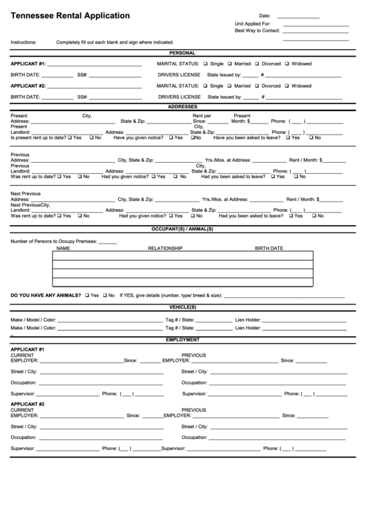 Fillable Tennessee Rental Application printable pdf download