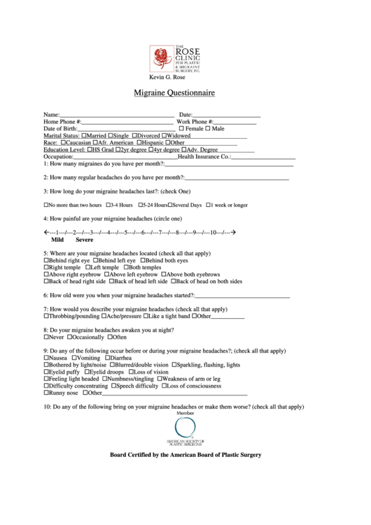 Fillable Migraine Questionnaire Template Printable pdf