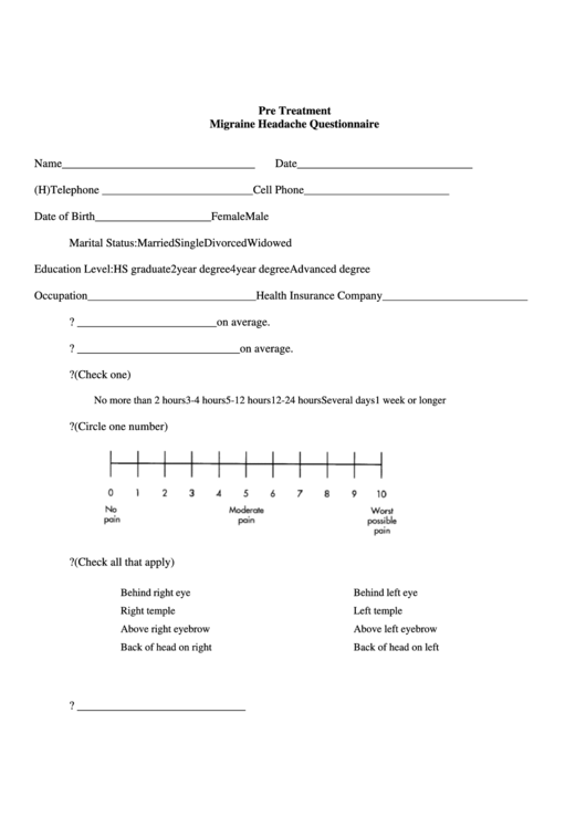 Pre Treatment Migraine Headache Questionnaire Printable pdf