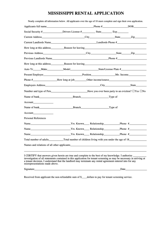 Fillable Mississippi Rental Application Template Printable pdf