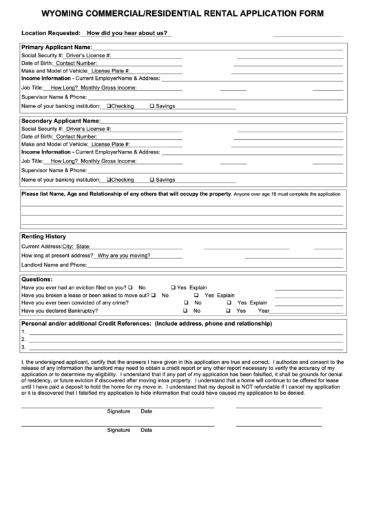 Wyoming Commercial/residential Rental Application Form