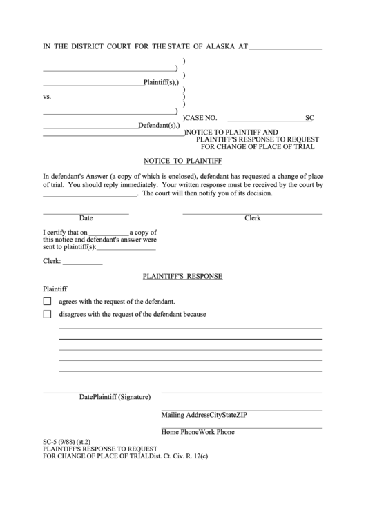Notice To Plaintiff District Court For The State Of Alaska Printable pdf