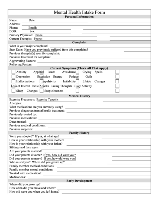Fillable Mental Health Intake Form printable pdf download