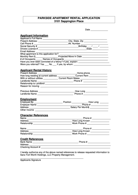 Parkside Apartment Rental Application Printable pdf