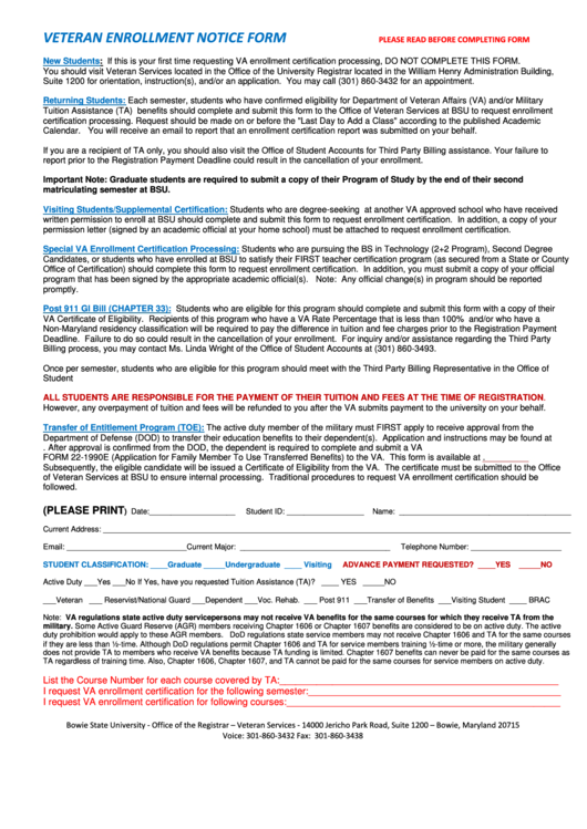 Veteran Enrollment Notice Form Printable pdf