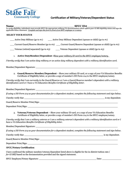 Certification Of Military/veteran/dependent Status Printable pdf