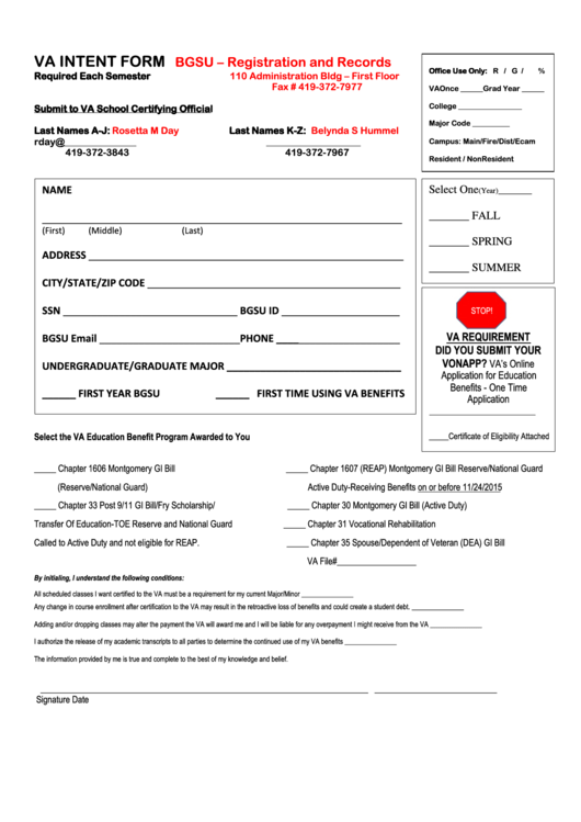 Fillable Va Intent Form Registration And Record Printable pdf