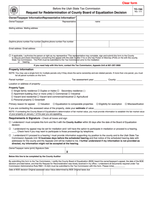 Tc-194 - Request For Redetermination Of County Board Of Equalization Decision Printable pdf