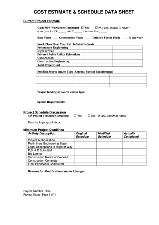 Cost Estimate & Schedule Data Sheet Printable pdf