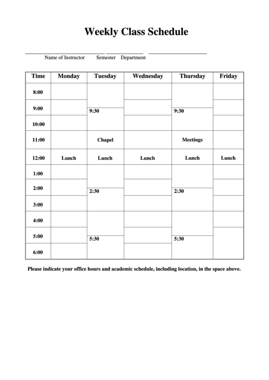 Weekly Class Schedule Printable pdf
