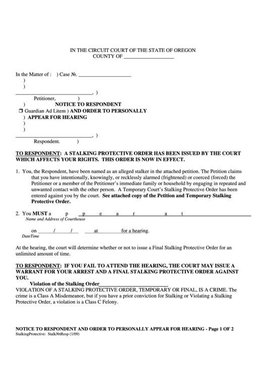 To Respondent: A Stalking Protective Order Has Been Issued By The Court Which Affects Your Rights. This Order Is Now In Effect Printable pdf