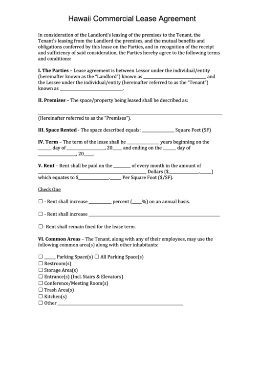 Fillable Hawaii Commercial Lease Agreement Template Printable pdf