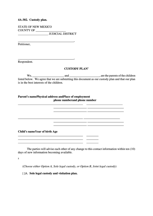 Fillable Custody Plan Template - State Of New Mexico Printable pdf
