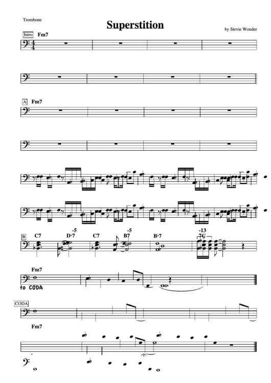 Superstition By Stevie Wonder - Trombone Printable pdf