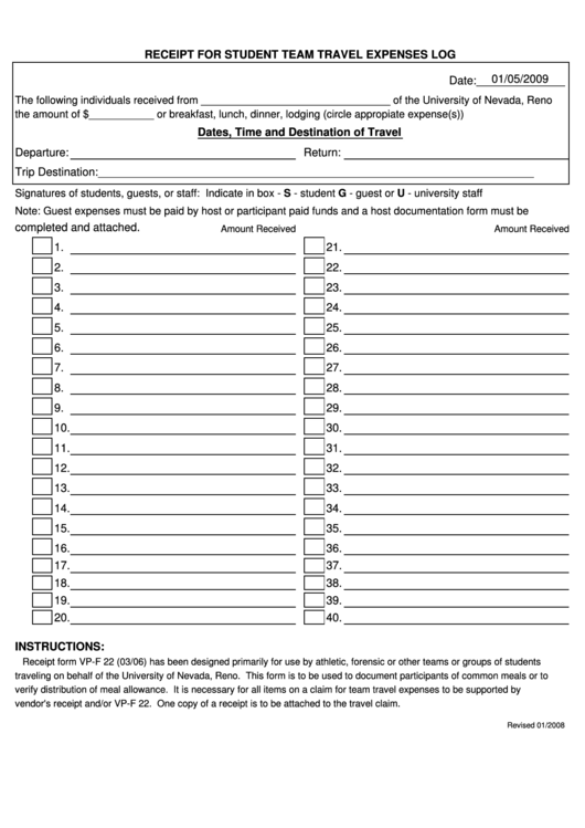 Fillable Receipt For Student Team Travel Expenses Log Printable pdf