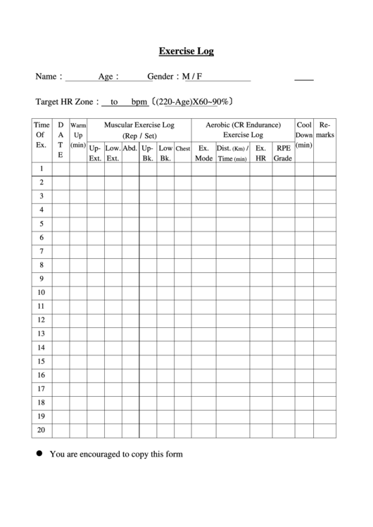 Exercise Log Spreadsheet Printable pdf