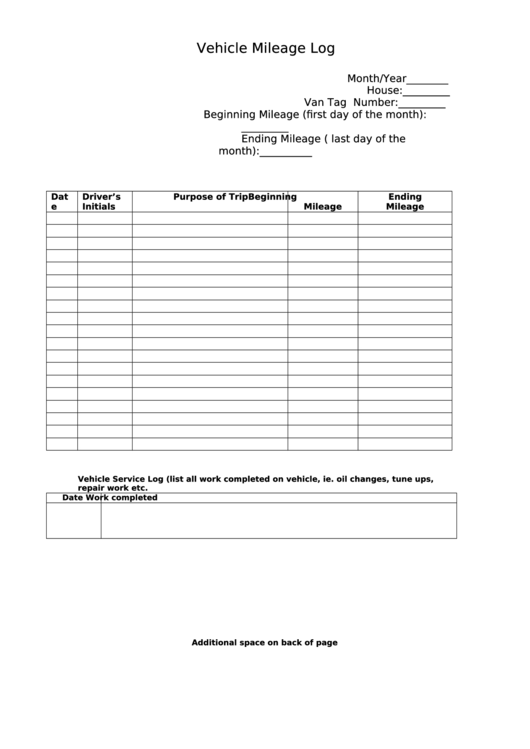Vehicle Mileage Log Sheet - Van Printable pdf