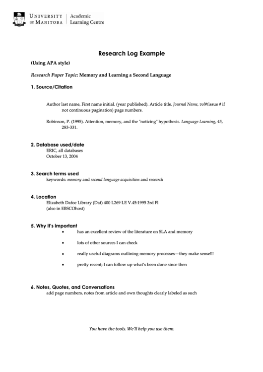 Research Log Example Printable pdf