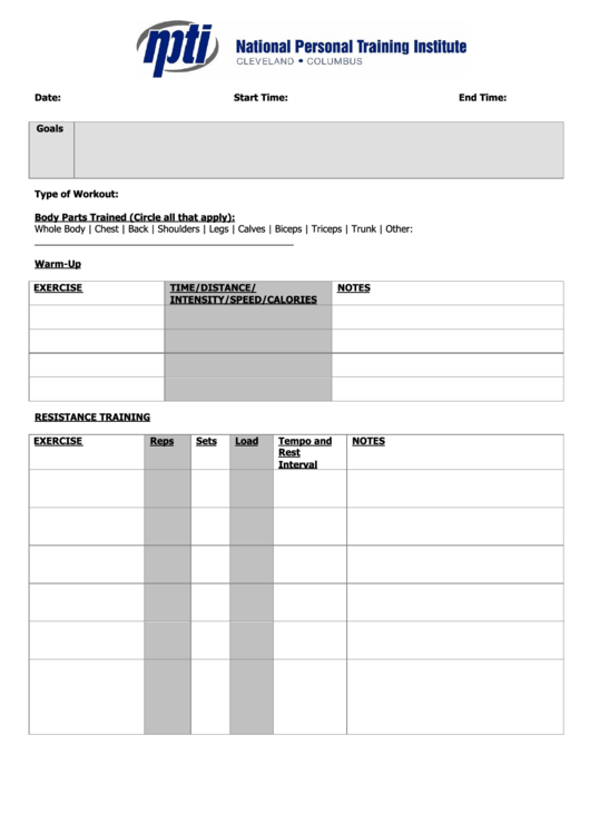Workout & Exercise Log Template Printable pdf