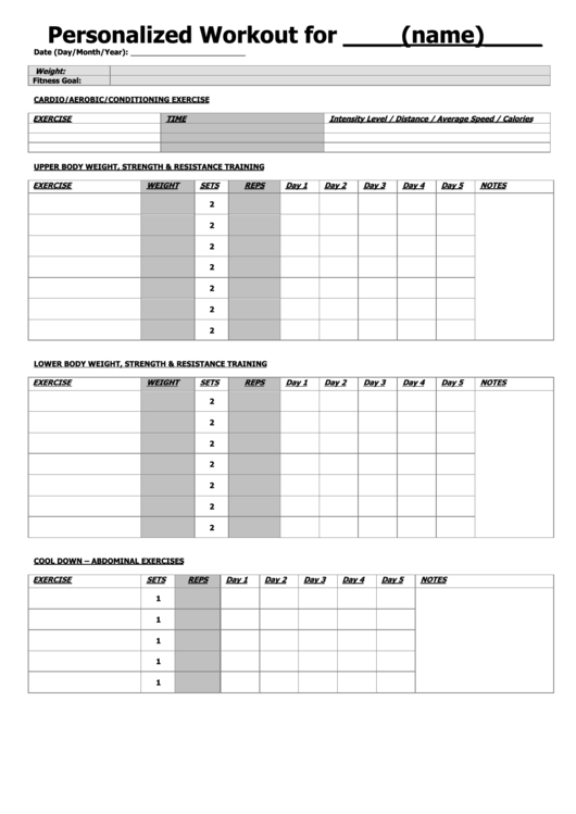 Personalized Workout printable pdf download