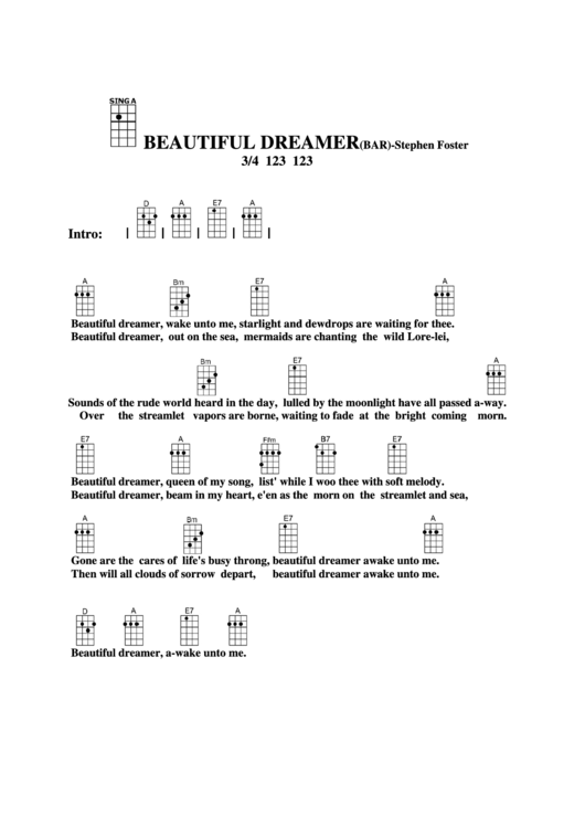 Beautiful Dreamer (Bar) - Stephen Foster Chord Chart Printable pdf