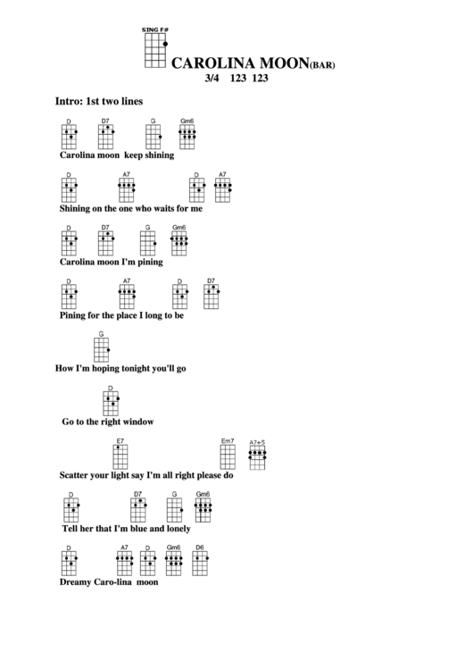 Carolina Moon(Bar) Chord Chart Printable pdf