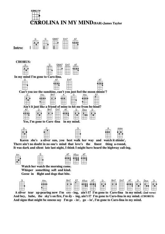 Carolina In My Mind (Bar) - James Taylor Chord Chart Printable pdf