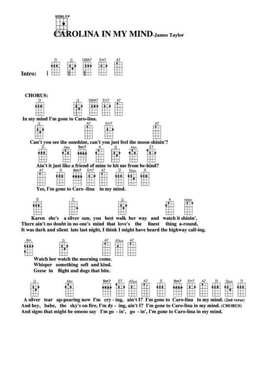 Carolina In My Mind - James Taylor Chord Chart Printable pdf