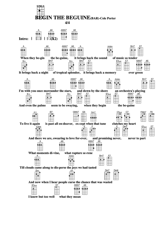 Begin The Beguine (Bar) - Cole Porter Chord Chart Printable pdf