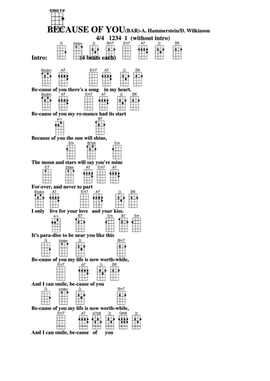 Because Of You(Bar)-A. Hammerstein/d. Wilkinson Chord Chart Printable pdf