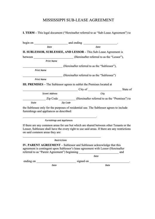 Fillable Mississippi Sub-Lease Agreement Template Printable pdf