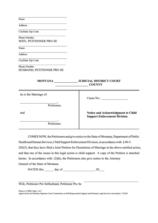 Notice And Acknowledgment To Child Support Enforcement Division Printable pdf