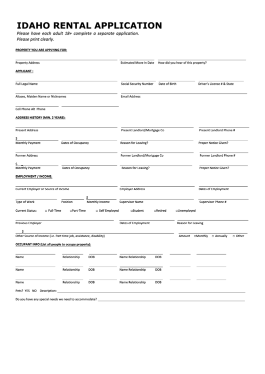 Fillable Idaho Rental Application Printable pdf