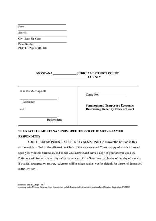 Summons And Temporary Economic Restraining Order By Clerk Of Court Printable pdf