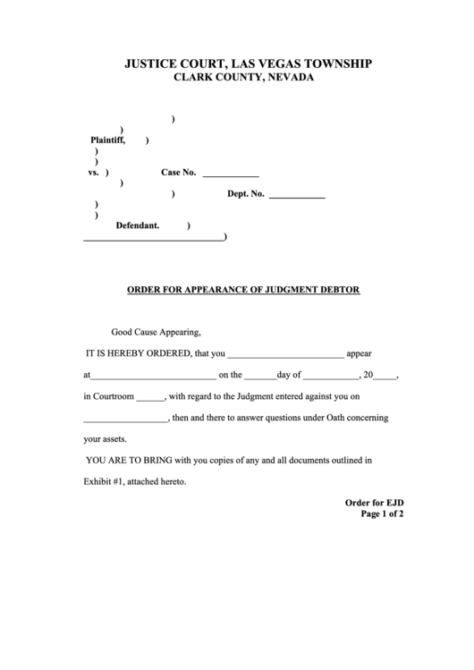 Fillable Order For Appearance Of Judgment Debtor Printable pdf