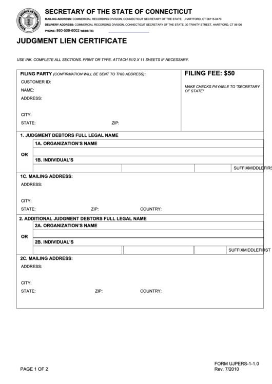 Fillable Judgment Lien Certificate Form - Connecticut Secretary Of State Printable pdf