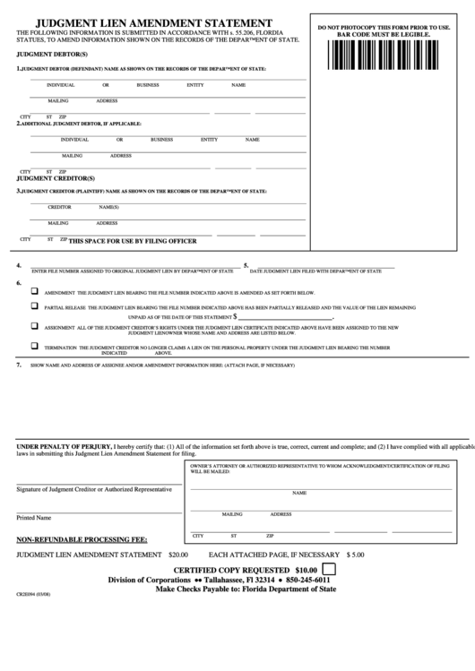 Fillable Form Cr2e094 - Judgment Lien Amendment Statement Printable pdf