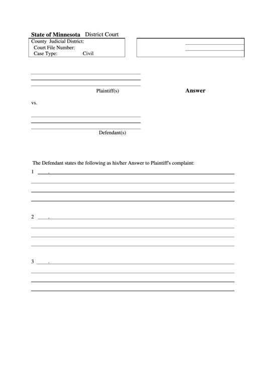 Fillable Answer - State Of Minnesota District Court Printable pdf